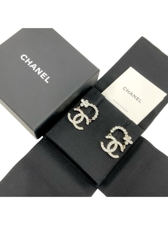 Chanel Earrings Gold Coco Mark Flower Rhinestone